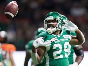 Saskatchewan Roughriders' running back William Powell celebrates after rushing for a second-quarter touchdown against the B.C. Lions.