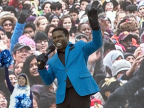 Michael (Pinball) Clemons gets the crowd fired up during the Argos Huddle Up Bullying Prevention Program during Grey Cup activities in Toronto on Wednesday November 23, 2016. (Craig Robertson/Toronto Sun)