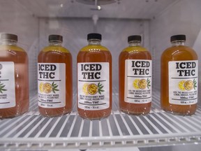 Cannabis-infused beverages on display at a Toronto retailer. The next stage of retail cannabis legalization — for edibles and lotions — takes effect Oct. 17.