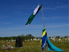 In August 2007, One Arrow's body was exhumed from the St. Boniface Cathedral cemetery and returned to Saskatchewan for a traditional burial (stone marker front left) on the reserve.