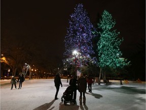 Skaters enjoy the Cameco Meewasin Skating Rink and twinkle lights in the trees.
