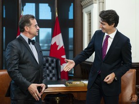 Prime Minister Justin Trudeau meets with Bloc Quebecois leader Yves-Francois Blanchet on Parliament Hill in Ottawa on Wednesday, Nov. 13, 2019.
