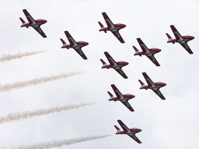 The Snowbirds fly at the Canada Remembers Armed Forces Day -- Salute to Heroes air show at 17 Wing Detachment Dundurn on June 11, 2017.