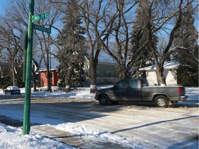 A truck turns on to Ninth Street from McPherson Avenue in the Nutana neighbourhood in this photo taken in Saskatoon on Nov. 6, 2017.