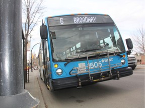 A Saskatoon Transit bus rolls down Broadway Avenue in Saskatoon on Friday, April 26, 2019.