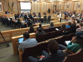 Saskatoon city council debates the low-emissions community plan in council chamber at city hall in Saskatoon, Sask., on Monday, Aug. 26, 2019.