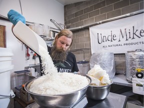 Mike Zimmer preps a new batch of soap.  Zimmer is the owner of Uncle Mike's Natural Products. Photo taken in Saskatoon, SK on Tuesday, October 22, 2019.