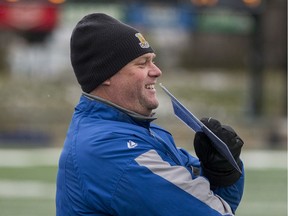Saskatoon Hilltops head coach Tom Sargeant looks on with a smile as his team takes on the Edmonton Huskies during the Prairie Football Conference championship game at SMF field in Saskatoon on Sunday, October 27, 2019.
