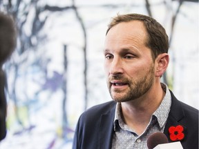 Provincial NDP leader Ryan Meili speaks to media in Saskatoon on Tuesday, Nov. 5 regarding his concerns about the reported hospital overcrowding in Saskatoon's hospitals.