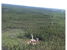 Two drill rigs at Forum Energy Metals Corp.'s Janice Lake copper project north of La Ronge, Sask., which Rio Tinto Exploration Canada is currently exploring.