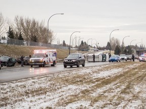 Police and emergency services responded to a motor vehicle collision on Circle Dr. that left several cars damaged and a van flipped on its side in Saskatoon, SK on Friday, November 8, 2019.