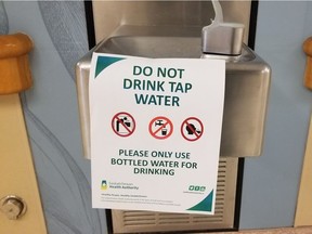 A sign was posted on Nov. 8, 2019 warning people not to drink the tap water at St. Paul's Hospital in Saskatoon.