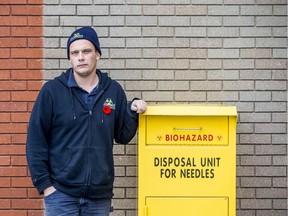 Chris Carlson of Biomed Recovery and Disposal Ltd. stands by one of the many needle pickups his firm operates around the province. Photo taken in Saskatoon, SK on Friday, November 8, 2019.