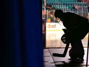 Saskatoon Blades goalie Nolan Maier prepares to hit the ice before a Western Hockey League game Saturday against the Brandon Wheat Kings at the Sasktel Centre in Saskatoon.