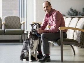 Dr. Al Chicoine, pictured with his dog Timber, is a board-certified veterinary pharmacologist and assistant professor at the Western College of Veterinary Medicine (WCVM).  Chicoine aims to find out whether cannabis can be used to prevent chronic vomiting in cats and dogs. Photo taken in Saskatoon, SK on Wednesday, November 13, 2019.