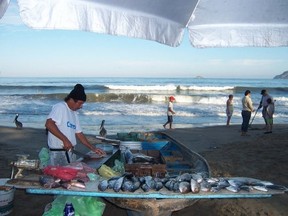 Fish fresh off the boat is for sale on the beach most mornings in Rincon de Guayabitos, Nayarit, Mexico. (photo by Lori Coolican)