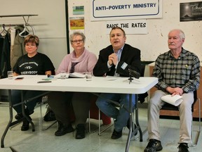Several anti-poverty groups in Regina raised concerns about the adequacy of the Saskatchewan Income Support (SIS) program. From left is Cora Sellers, executive director of Carmichael Outreach; Nairn MacKay, a member of End Poverty Regina; Peter Gilmer, an advocate at the Anti-Poverty Ministry; and community advocate Bob Hughes.
