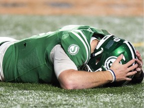 Saskatchewan Roughriders' quarterback Cody Fajardo reacts after the last play of the game losing to the Winnipeg Blue Bombers in the Western Final CFL action at Mosaic Stadium in Regina.  The Winnipeg Blue Bombers defeated the Saskatchewan Roughriders' to advance to next weekends Grey Cup in Calgary.  TROY FLEECE / Regina Leader-Post