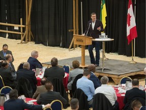 Saskatchewan Premier Scott Moe speaks at an event during Agribition held at Evraz Place.