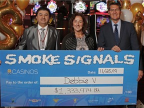 Saskatoon's Debbie Vidal, on Nov. 25, 2019, won the top-tier progressive jackpot at Gold Eagle Casino in North Battleford. She claimed $1,333,974.82 in SIGA's Smoke Signals jackpot. (Photo courtesy SIGA)