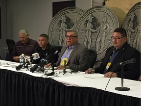 Makwa Sahgaiehcan Coun. Tom Littlespruce, Makwa Sahgiehcan Chief Ronald Mitsuing, FSIN 2nd Vice-Chief David Pratt and Fond du Lac Chief Louie Mercredi called on the provincial and federal government to take action on long-term solutions to prevent suicides. Photo taken Nov. 28, 2019. Thia James/Saskatoon StarPhoenix