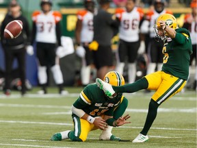 Edmonton Eskimos kicker Sean Whyte boots a field goal on the B.C. Lions during CFL action at Commonwealth Stadium in Edmonton on Oct. 12, 2019.