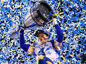 Linebacker Adam Bighill celebrates the Winnipeg Blue Bombers' Grey Cup victory Sunday in Calgary.