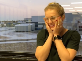 A screenshot shows a student reacting to a random compliment in a video made by Grade 10 student Olivia Brockhoff of Lloydminster, Alta.