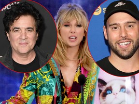 Taylor Swift, centre, and Scott Borchetta, left, and Scooter Braun, right. (Getty Images file photos)