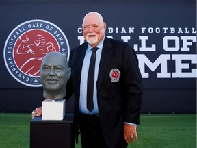 Former Saskatchewan Roughriders president-CEO Jim Hopson is shown Aug. 9, 2019 at Tim Hortons Field in Hamilton with his Canadian Football Hall of Fame bust. Photo courtesy Kevin Sousa/CFL.
