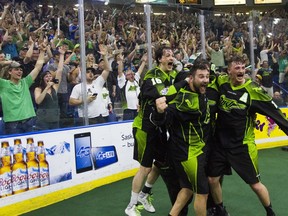 Rush players and fans celebrate the team's first championship in Saskatoon, in 2016.