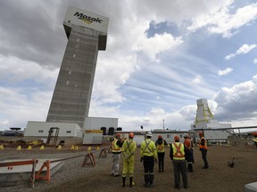 A celebration was held on May 3, 2017 for a milestone in the Mosaic K3 project in Esterhazy.  The headframe of the K3 potash mine towers above the Prairie landscape.