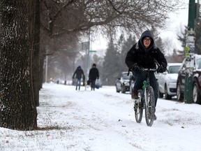 A cyclist rides to school in Saskatoon.