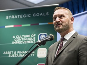 Saskatoon's chief financial officer Kerry Tarasoff speaks to the press in 2019.