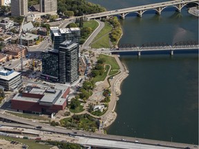 This Friday, September 13, 2019 aerial photo shows River Landing, which has been transformed over the past decade with private development on Parcel Y, the Remai Modern art gallery and the rebuilt Traffic Bridge.