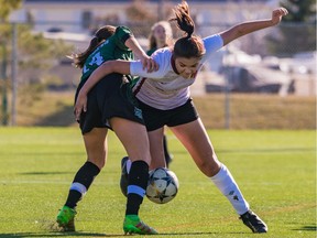 SASKATOON, SK--Oct. 19/2019 --1021 Sports Soccer Pix  The Holy Cross Crusaders take on the Centennial Chargers in high-school girls soccer semi-finals at Kinsmen Field on Attridge on October 19th, 2019 in Saskatoon, SK