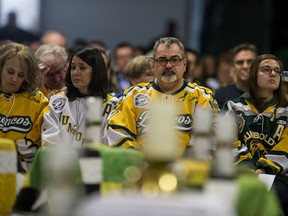 Members of the Boulet family look on during the Humboldt Broncos memorial service at Elgar Petersen Arena in Humboldt on Saturday, April 6, 2019, one year after the team's tragic bus collision (/Liam Richards / Saskatoon StarPhoenix)