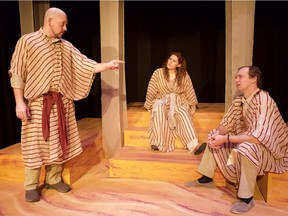 (left to right) Kenn McLeod, Amanda Trapp, and Tim Bratton feature in this year's Christmas show at Dancing Sky Theatre, called The Fourth Wiseman. The show runs from Dec. 6 to 22 at Dancing Sky Theatre in Meacham, Sask.