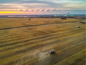 Farmers take advantage of a warm Saturday to continue with their harvest in advance of forecasted snow on the outskirts of Nutrien Cory Portash Mine on Oct. 19, 2019.