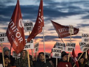 Striking Unifor members rally outside the Co-op refinery in Regina, Saskatchewan on December 5, 2019.