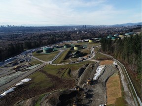 An aerial view of construction progress on the terminal and tank farm on Burnaby Mountain for Trans Mountain's pipeline expansion as of November, 2019.