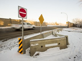 A concrete barrier at the west end of Ninth Street East blocks traffic from turning onto Lorne Avenue in Saskatoon, SK on Tuesday, December 10, 2019.