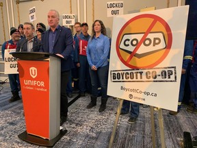 Eleven days into the lock out of workers at Regina's Co-op Refinery Complex, Unifor Local 549 has launched a brand-wide boycott of all things Co-op until a fair deal is reached. Dec. 15, 2019.