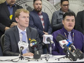 Minister of Indigenous Services Marc Miller and FSIN Chief Bobby Cameron at a press event in December 2019. (Saskatoon StarPhoenix/Liam Richards)