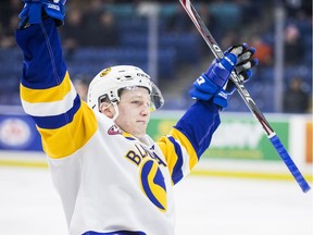 Saskatoon Blades defenceman Scott Walford celebrates his first-period goal against the Prince Albert Raiders during WHL action in Saskatoon on Saturday, December 28, 2019.