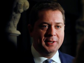 Conservative Party leader and Leader of the Official Opposition Andrew Scheer speaks to reporters after meeting with Canada's Prime Minister Justin Trudeau on Parliament Hill in Ottawa, Ontario Canada November 12, 2019.