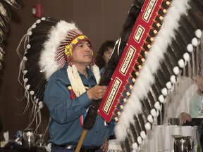 National Chief of the Assembly of First Nations Perry Bellegarde marches in the closing ceremony of the AFN's Annual General Assembly in Fredericton, N.B., Thursday, July 25, 2019. Hundreds of First Nations chiefs from across Canada are gathering in Ottawa today for a special assembly.