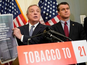 Sen. Dick Durbin (D-IL) speaks at a news conference about the Tobacco to 21 Act, which would raise the minimum age to buy tobacco products and e-cigarettes to 21, on Capitol Hill in Washington, U.S., May 8, 2019.