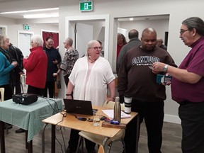 Indigenous Anglican Bishop Chris Harper interacts with those attending an Anglican/Lutheran sponsored Steps to Reconciliation educational event in Watrous. (Supplied photo)