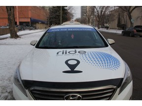 The Riide logo can be seen on a taxi in Saskatoon Sask. on Dec. 11, 2018.